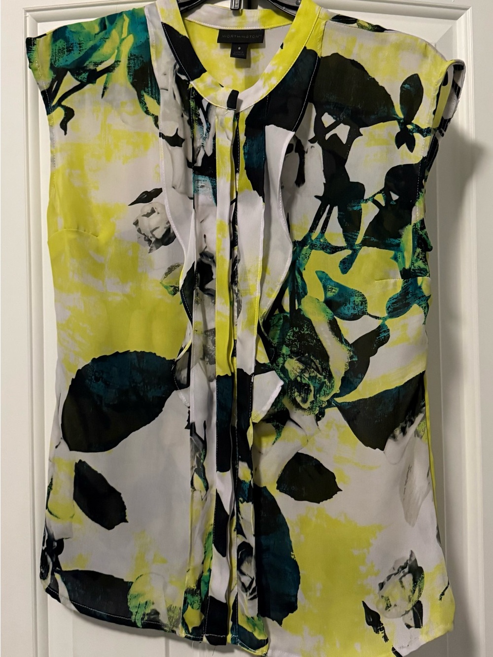 Sleeveless Floral Print Blouse in Yellow, Black & Teal